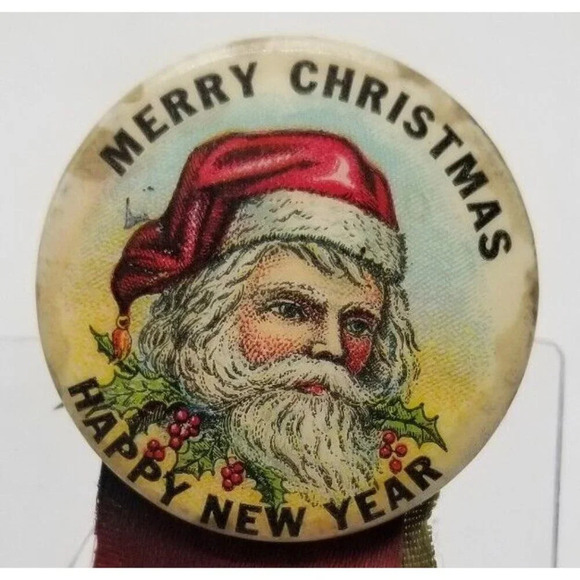 1930s 1940s Santa Claus MERRY CHRISTMAS HAPPY NEW YEAR Celluloid Pinback Button - Picture 3 of 6